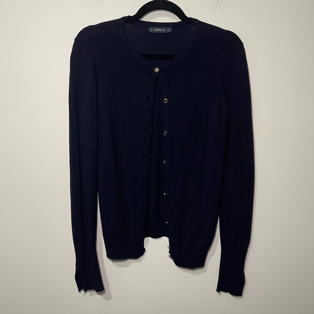 Zara women’s Knit Navy Button Front Cardigan Sweater with Sleeve cuts in Size M